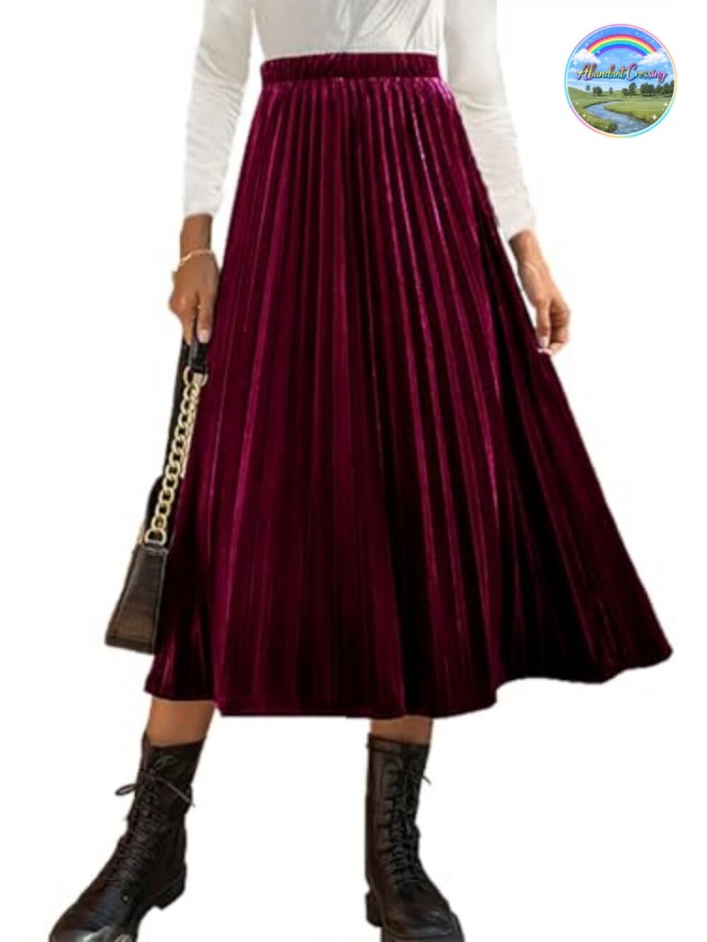 Women's High Elastic Waist Pleated A Line Midi Velvet Skirt